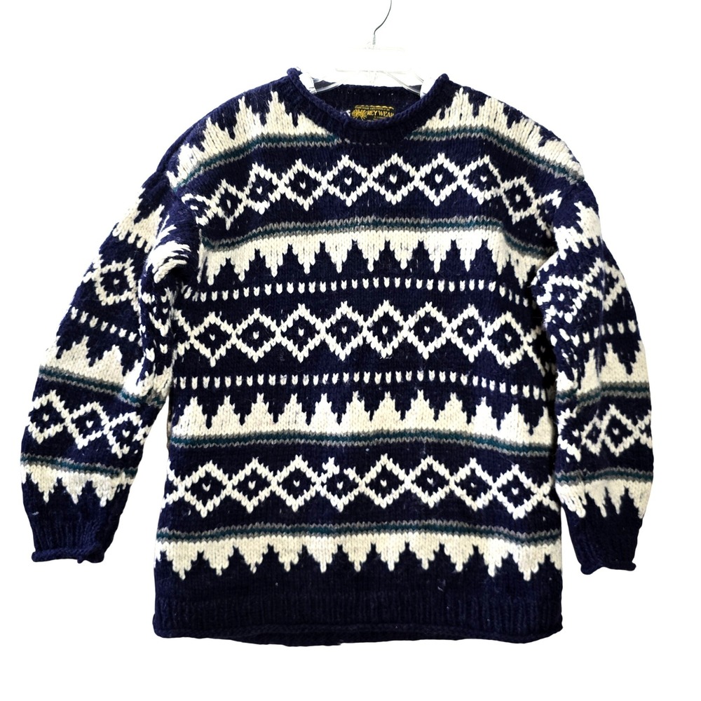 Rey Wear Ecuador Mens Vintage Hand Knit Wool Sweater Ecuador Nordic Fair Isle